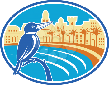 Illustration of a kingfisher bird perched on a branch set inside oval shape with mediterranean coast, buildings and palm trees in the background done in retro style. 