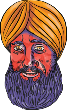 Watercolor style illustration of a male Sikh head with beard and wearing turban on isolated white background.