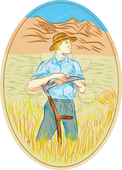 Drawing sketch style illustration of wheat organic farmer with scythe looking to the side set inside oval shape with mountain and field in the background. 