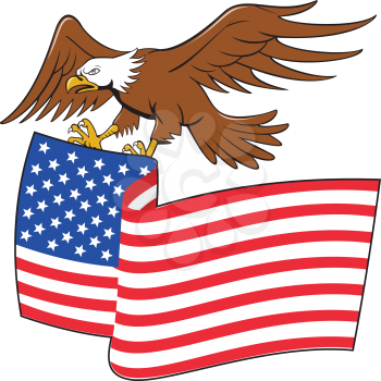 Illustration of an american bald eagle carrying usa stars and stripes flag viewed from the side set on isolated white background done in cartoon style. 