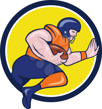 Illustration of an american football gridiron player running back charging with ball viewed from the side set inside circle on isolated background done in cartoon style. 