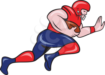 Illustration of an american football gridiron player running back charging with ball viewed from the side set on isolated white background done in cartoon style. 