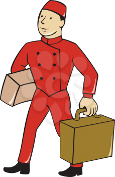 Illustration of a bellboy, bellhop or porter carrying suitcase, bag and luggage set on isolated white background done in cartoon style. 