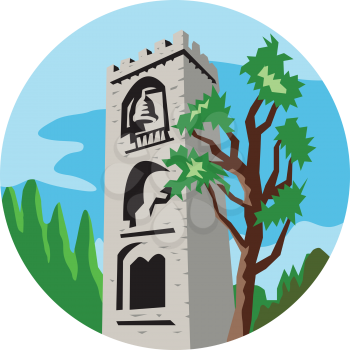 Illustration of a medieval bell tower with tree in foreground and background set inside circle done in retro style.
