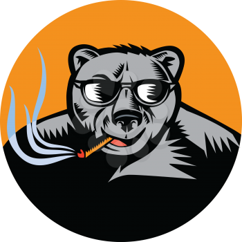 Illustration of a black bear wearing sunglasses smoking cigar viewed from front set inside circle done in retro woodcut style.