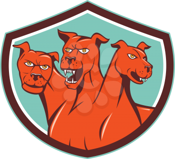 Illustration of cerberus, in Greek and Roman mythology, a multi-headed usually three-headed dog, or hellhound with a serpent's tail, a mane of snakes lion's claws set inside shield crest on isolated b