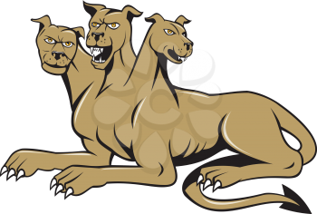 Illustration of cerberus, in Greek and Roman mythology, a multi-headed usually three-headed dog, or hellhound with a serpent's tail, a mane of snakes lion's claws sitting set on isolated white backgro