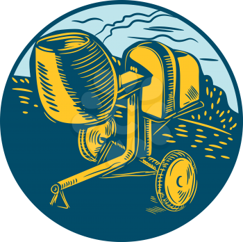 Illustration of a concrete cement mortar mixer set inside circle done in retro woodcut style. 