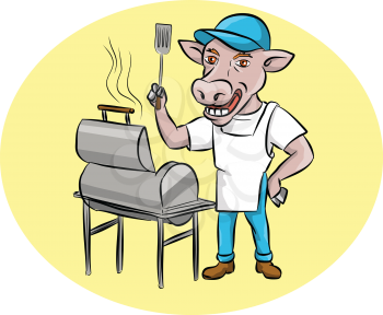 Illustration of a cow barbecue chef holding a spatula wearing hat and apron with grill or smoker set inside oval shape set inside oval shape done in cartoon style