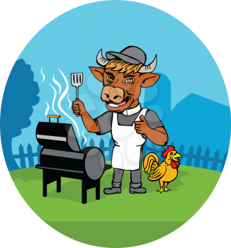 Illustration of a cow barbecue chef holding a spatula wearing a minister clerical collar, hat  and apron with grill or smoker and chicken rooster on side set inside oval shape done in caricature style