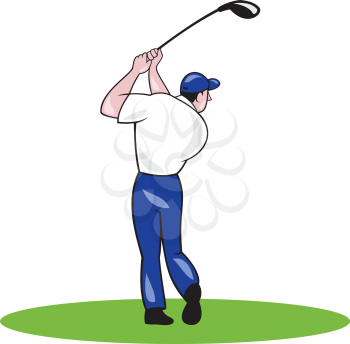 Illustration of a golfer playing golf swinging club tee off viewed from back rear set  on isolated white background done in cartoon style. 