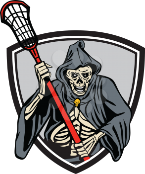 Illustration of the grim reaper lacrosse player holding a crosse or lacrosse stick pole viewed from front set inside crest shield done in retro style.