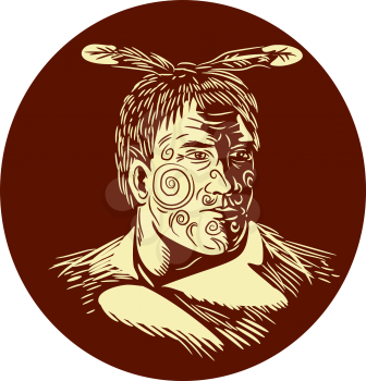 Illustration of bust of Maori chief warrior chieftain with tattoos on face and cape looking to the side viewed from the front set inside oval shape done in retro woodcut style. 
