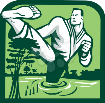 Illustration of a marital arts fighter kicking cypress tree on swamp or bayou set inside shield shape done in retro style. 