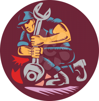 Illustration of a mechanic holding giant wrench unscrewing set inside circle on isolated background done in retro woodcut style. 