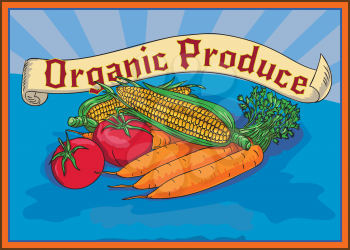Watercolor style illustration of a crops harvest with Organic Produce label set inside square shape. 