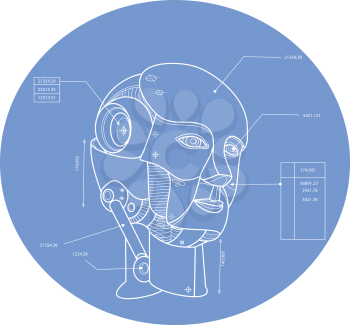Technical drawing blue print illustration of a robot android virtual artificial agent, electro-mechanical machine head set inside oval shape.