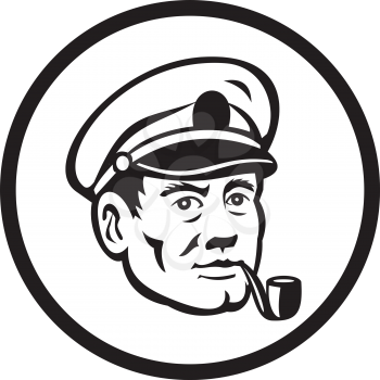 Illustration of a sea captain, shipmaster, skipper, mariner wearing hat cap smoking smoke pipe set inside circle in black and white done in retro style. 