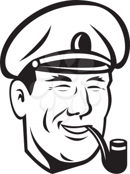Illustration of a sea captain, shipmaster, skipper, mariner wearing hat cap smoking smoke pipe smiling done in black and white on isolated background.