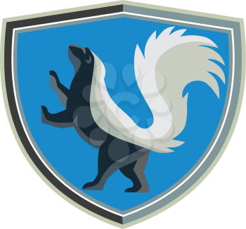 Illustration of a skunk prancing viewed from the side set inside shield crest set on isolated background done in retro style. 