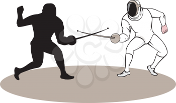 Illustration of swordsmen fencer fencing viewed from side set on isolated white background done in cartoon style. 
