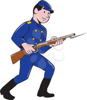 Illustration of a Union Army soldier during the American Civil War holding rifle with bayonet viewed from the side set on isolated white background done in cartoon style. 