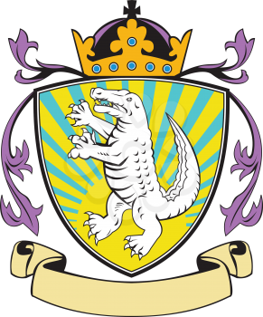 Illustration of coat of arms of an angry alligator crocodile standing viewed from side set inside crest shield with crown on top and leaf ribbon done in retro style on isolated background.