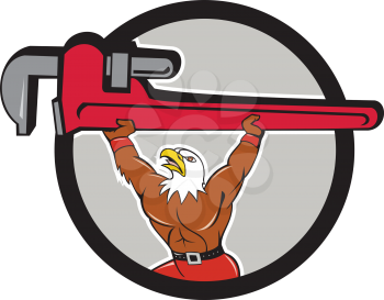 Illustration of a american bald eagle plumber lifting giant monkey adjustable wrench over head looking up to the side set inside circle on isolated background done in cartoon style. 