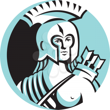 Illustration of a bust of female warrior with spartan helmet with arrows slung over shoulder viewed from front set inside circle done in retro style. 