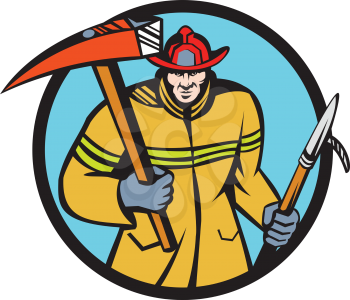Illustration of a fireman fire fighter emergency worker holding a fire axe and hook viewed from front set inside circle on isolated background done in retro style.