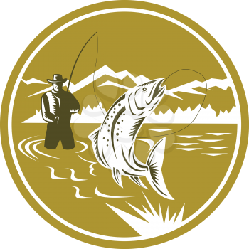 Illustration of a fly fisherman fishing casting rod and reel reeling trout fish viewed from front with mountains set inside circle done in retro style