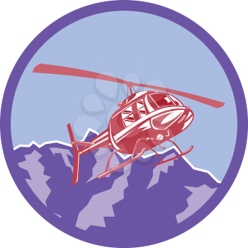 Illustration of a helicopter chopper flying airborne set inside circle with alps mountain in the background done in retro style. 
