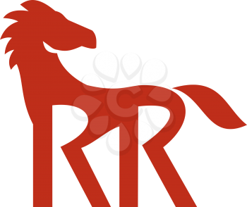 Illustration of a red horse silhouette with double R as its legs set on isolated background done in retro style. 