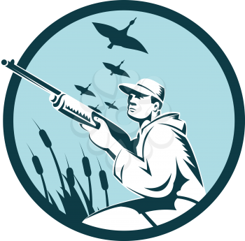 Illustration of a duck hunter with shotgun rifle hunting aiming shooting with ducks geese in the background set inside circle done in retro style. 