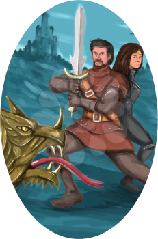 Watercolor style illustration of a cavalier or knight brandishing a sword in fighting stance with a Lady or Princess maiden behind him fighting a mythical dragon in the foregorund and castle in backgr
