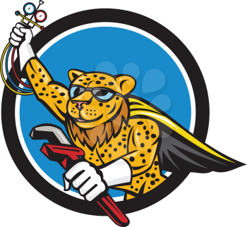 Illustration of a caped superhero leopard refrigeration and air conditioning mechanic holding a pressure temperature gauge and a wrench flying set inside circle done in cartoon style. 