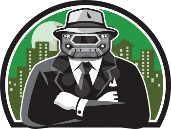 Illustration of an angry mobster with car grille grill face wearing hat , tie and suit arms folded facing front with full moon and building cityscape in background done in retro style. 