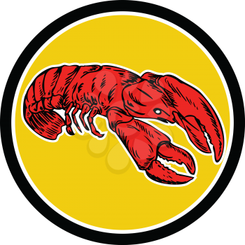 Illustration of a red lobster set inside circle done in retro style. 