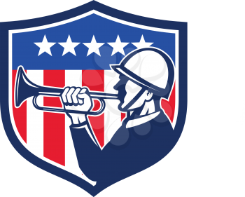 Illustration of an american soldier bugler doing a reveille viewed from the side with usa flag stars and stripes in the background set inside shield crest done in retro style. 