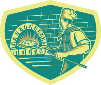 Illustration of a baker pizza maker holding a peel with pizza pie into a brick oven viewed from side set inside shield done in retro woodcut style. 