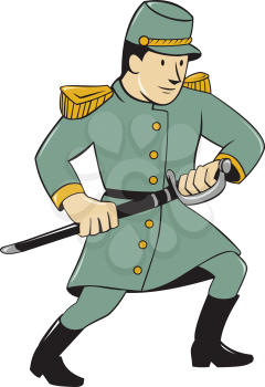 Illustration of a Confederate Army soldier during the American Civil War drawing his sword on isolated background done in cartoon style. 