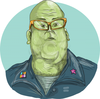 Drawing sketch style illustration of a green man alien general wearing eyewear glasses looking front set inside oval.