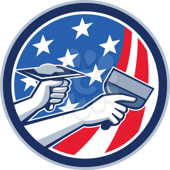 Illustration of a plasterer hand repair drywall with putty knife and holding a hawk with plaster set inside circle with American USA stars and stripes flag done in retro style. .