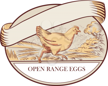 Drawing sketch style illustration of a hen running viewed from the side with farm trees in the background and Open Range Eggs label set inside oval shape. 
