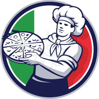 Illustration of a pizza chef baker holding pizza viewed from front set inside circle with italy flag in the background done in retro style. 