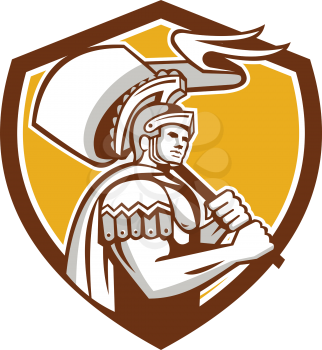 Illustration of centurion roman soldier gladiator carrying flag set inside crest shield done in retro style on isolated background.