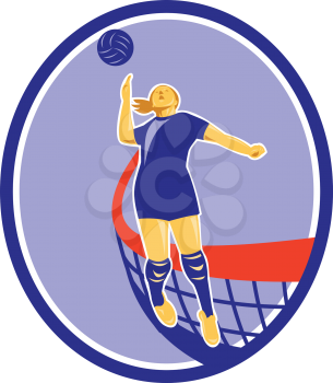 Illustration of a volleyball player spiker jumping spiking hitting ball set inside oval shape withe net in the background done in retro style.
