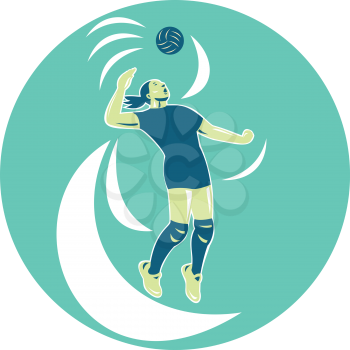 Illustration of a volleyball player spiker jumping spiking hitting ball high viewed from the side set inside circle on isolated background done in retro style.