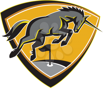 Illustration of a unicorn horse charging viewed from the side set inside shield crest with golf course flag in the background done in retro style. 