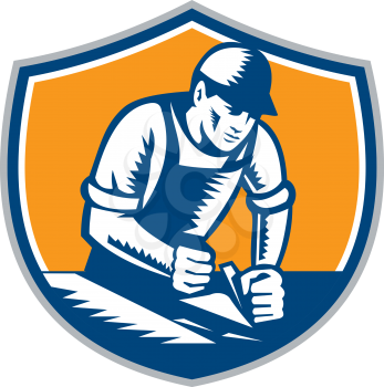 Illustration of a carpenter builder woodworker wearing hat and overalls with smooth plane working on a wood surface set inside shield crest done in retro style. 